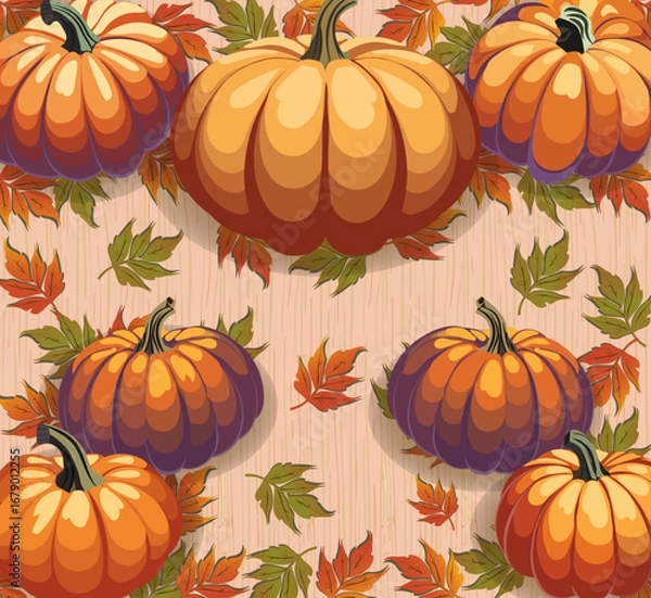Fototapeta A festive pattern with pumpkins and fall leaves on a rustic wooden background, perfect for Thanksgiving, harvest, and seasonal design projects.