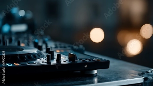 Fototapeta Vibrant dance floor scene with dj booth and holographic display in a nightclub environment engaging pov experience