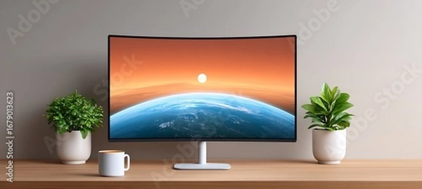 Fototapeta Best curved monitor for gaming and office use on desk with plants and mug of coffee on the table .mockup 