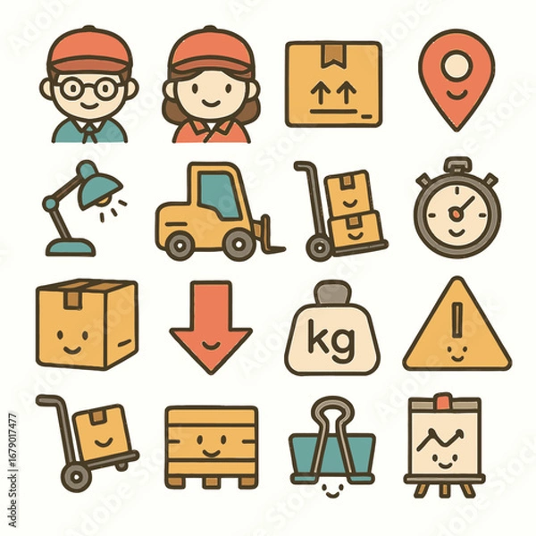 Fototapeta A vibrant set of sixteen colorful, friendly cartoon icons illustrating key concepts of modern logistics, delivery, and efficient business operations.