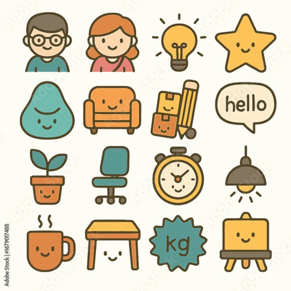 Fototapeta A delightful collection of cute, hand-drawn style vector icons featuring diverse everyday objects, people, and abstract concepts, ideal for modern digital design.