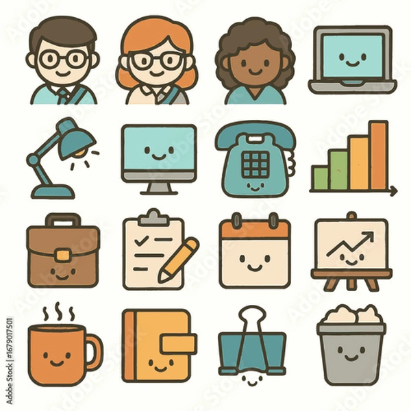 Fototapeta A charming collection of kawaii-style business and office icons featuring diverse professionals and essential workplace tools, perfect for modern digital projects.