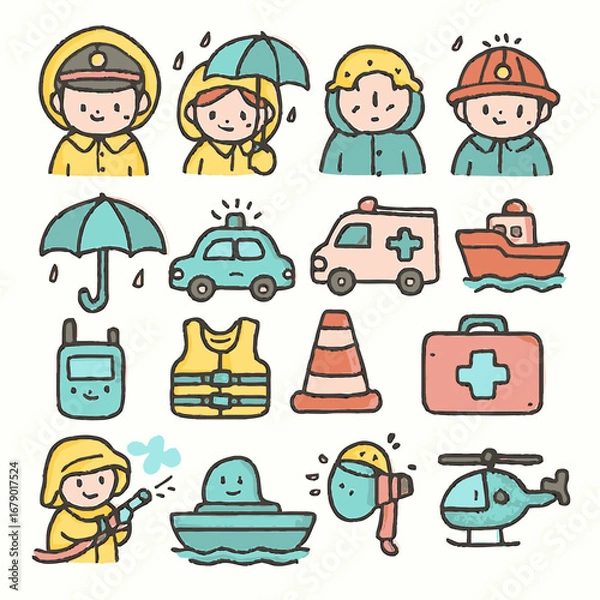 Fototapeta This charming collection of hand-drawn icons illustrates various essential emergency services, safety equipment, and weather-related scenarios.