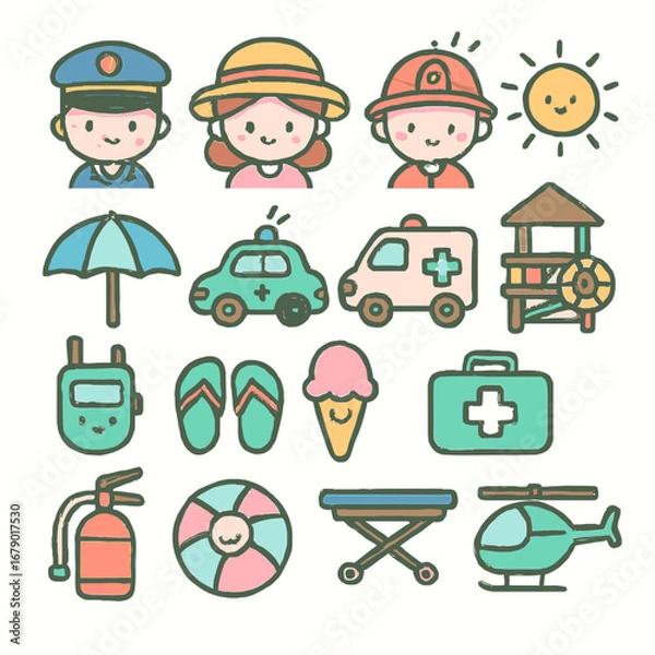 Fototapeta A charming collection of cute, hand-drawn vector icons illustrating community heroes, emergency services, and cheerful summer leisure activities.