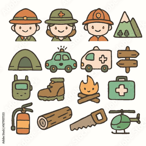 Fototapeta This charming collection of doodle icons depicts various outdoor adventures, emergency services, and essential tools in a playful, hand-drawn style.