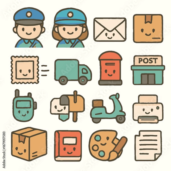 Fototapeta A charming collection of cute, smiling cartoon icons illustrating various aspects of postal service, package delivery, and communication, perfect for modern graphic design.