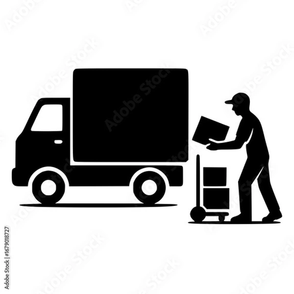 Fototapeta Black Silhouette Delivery Worker Unloading Boxes from Truck Vector Isolated on White Background