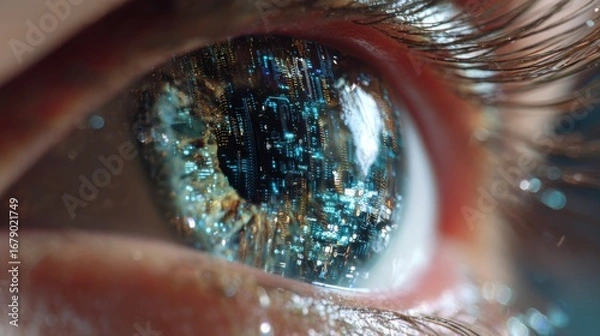 Fototapeta A close-up of an eye showcases a stunning reflection of a vibrant cityscape filled with bright lights and structures. The scene captures the blend of technology and human emotion.
