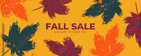 Fototapeta Fall Sale commercial background with brush stroke autumn maple leaves for Autumn Season shopping promotion and seasonal sale advertising. Vector illustration.