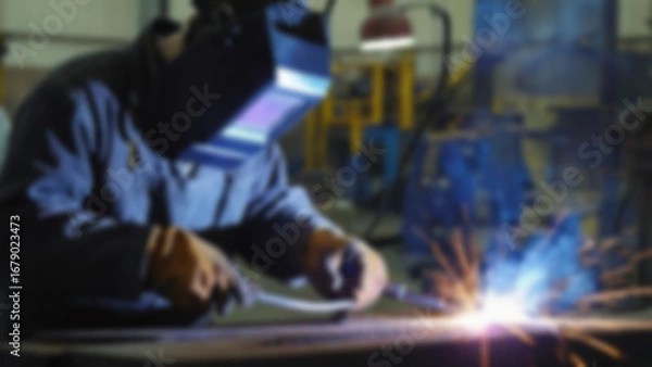 Fototapeta blurry image of someone welding iron, there are sparks, the person is wearing safety clothing, blurry wallpaper