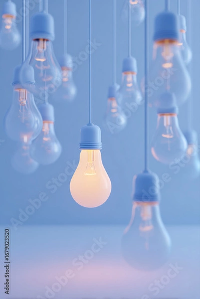 Fototapeta A cluster of lightbulbs, some glowing, against a soft blue background, symbolizing ideas and innovation.