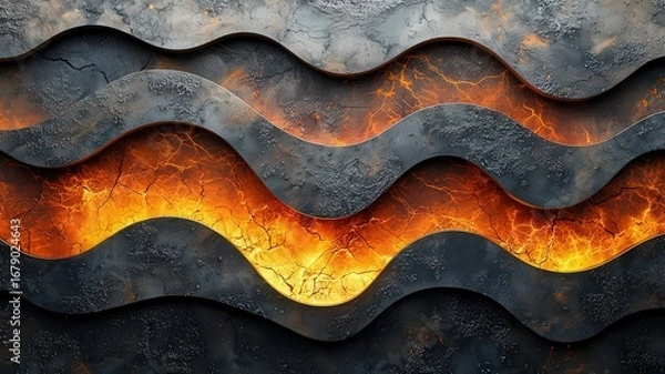 Fototapeta Abstract wavy metal texture with glowing lava elemens, creating a striking visal contrast ideal for moden design and industrial thmes.