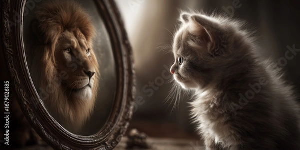 Obraz Face to face between a little kitten and a lion. A cute kitten looking in the mirror and seeing the reflection of a majestic lion, symbol of inner strength, self-esteem and aspiration. Generative Ai.