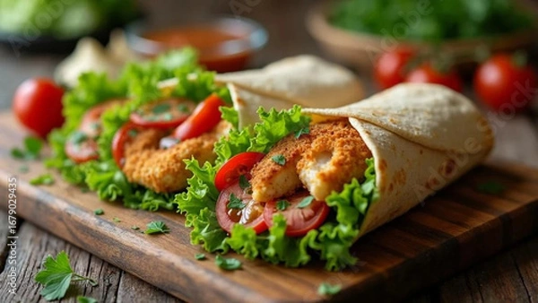 Obraz Tortilla with breaded chicken and vegetables