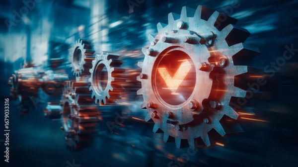 Fototapeta Metal gears with a glowing checkmark integrated into a central gear, representing successful operations in a high-tech, industrial environment.