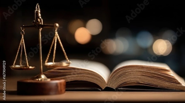 Fototapeta Scales of justice positioned next to an open law book on a wooden table. The background features soft bokeh lights, contributing to a contemplative legal study environment.