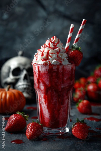 Fototapeta Spooky Halloween strawberry dessert drink with whipped cream and red drizzle, straws, and strawberries.