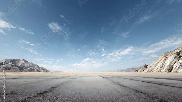 Fototapeta A wide-angle ground with a clear sky and mountainous background for vehicles or products placement. Copy space image. Place for adding text or design ... See More.