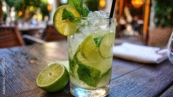 Fototapeta A refreshing mojito is served in a clear glass, garnished with fresh mint and lime slices. The setting is a cozy outdoor restaurant, inviting relaxation during the late afternoon.