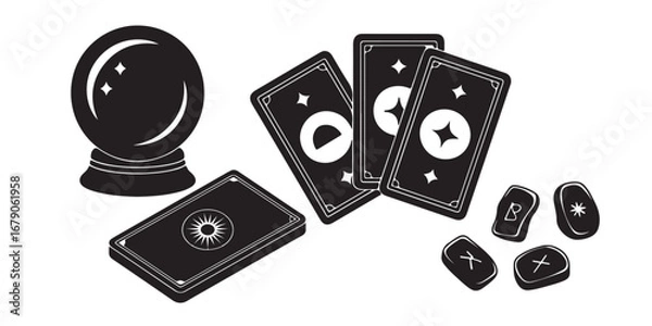 Obraz PrinMystical objects including a crystal ball tarot cards and runes for fortune telling and magic