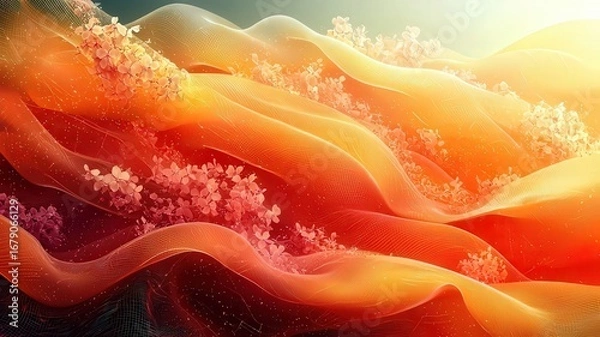 Fototapeta Vibrant abstract waves of orange and pink hues, adored with delicate floral elments, creating a serene ad captivating visual landsape.
