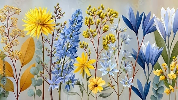 Fototapeta European Wildflowers and Weeping Willow Botanical Concept Illustration