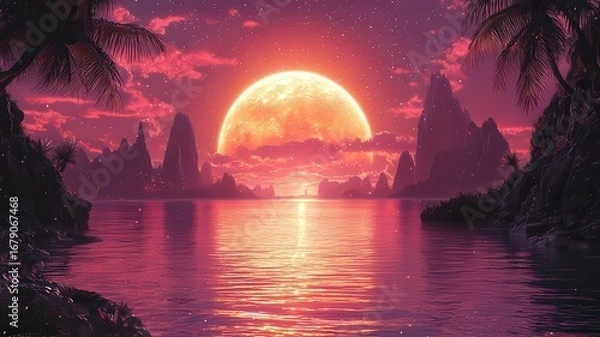 Fototapeta Stunning sunset over tranquil waters, with a vibrantpink moon illuminating rocy silhouettes and palm tres, perfect for travel and ature-themed projects.