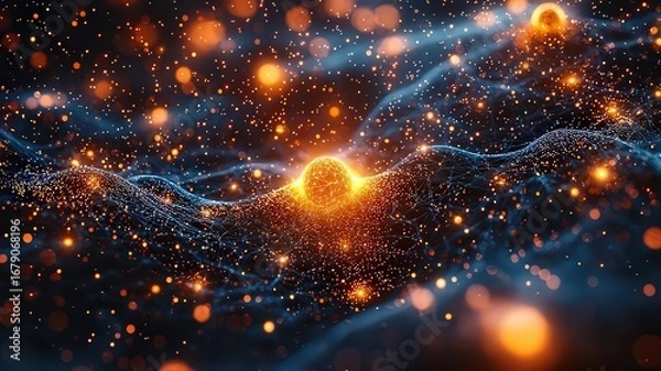 Fototapeta Abstract cosmic energy waves with glowing particles,representing innovation an technology in a vibrant, ynamic visual landscape.