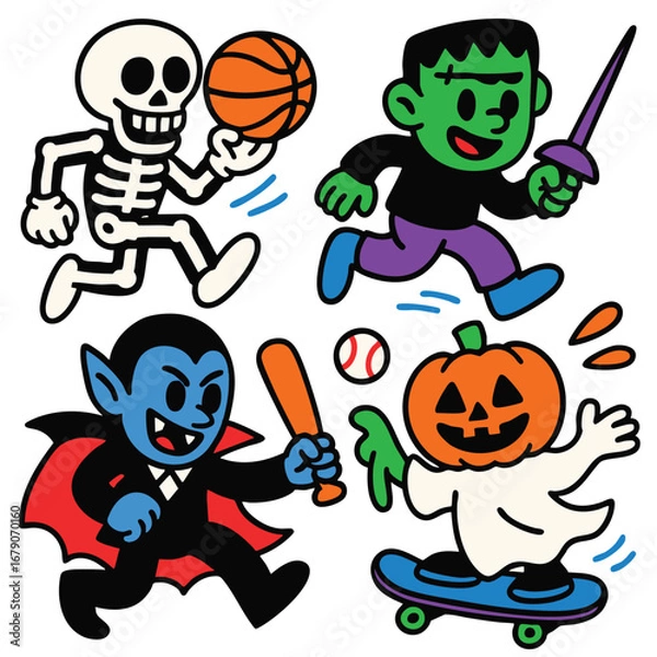 Fototapeta Skeleton playing basketball, Frankenstein with sword, vampire with bat, pumpkin head skateboard