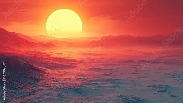 Fototapeta Stunning sunset over tranquil ocean waves, casting vbrant orange and pink huesacross the sky, perfect fo relaxation and nature-theed projects.