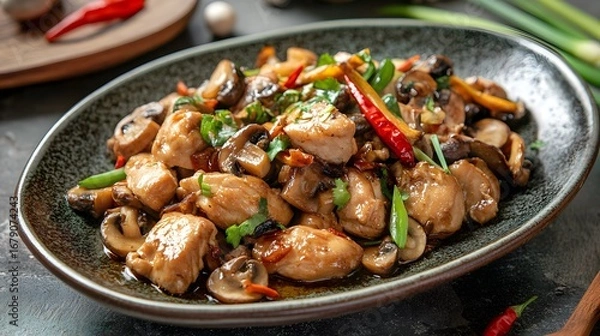Fototapeta Delicious Chicken Stir-Fry with Mushrooms and Vegetables in Bowl