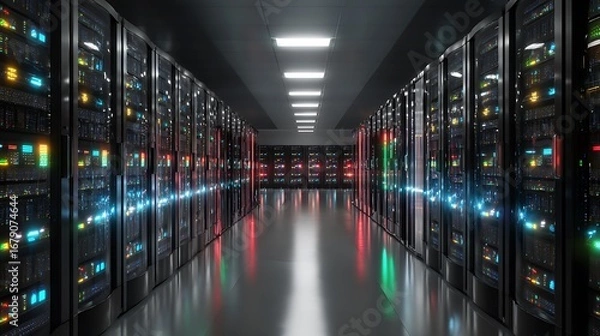 Fototapeta Depict a state of the art data center with rows of server racks, cooling systems, and redundant power supplies.