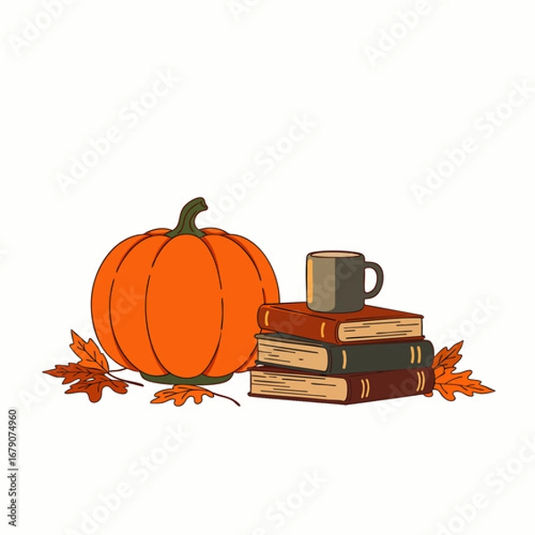 Fototapeta A charming autumnal illustration featuring a vibrant orange pumpkin, a cozy stack of books, a warm mug, and scattered fall leaves, perfect for seasonal designs.