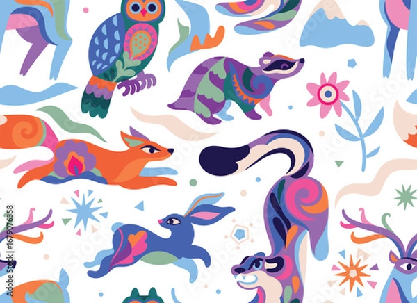 Fototapeta Fairytale Forest with woodland animals in folk style, Christmas theme, seamless pattern