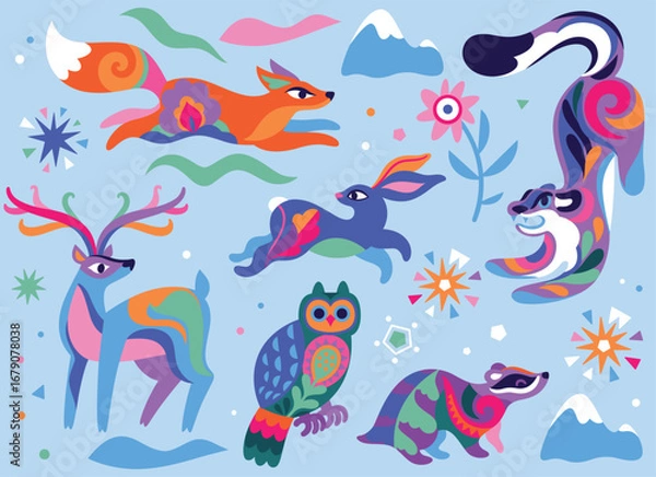 Fototapeta Fairytale Forest with woodland animals collection