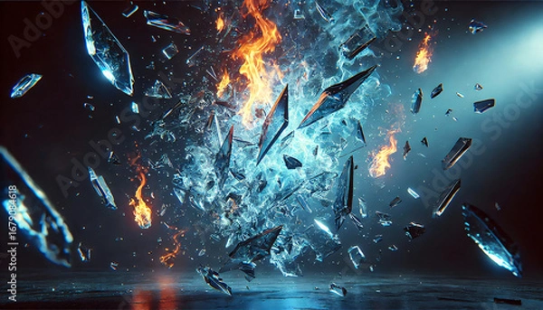 Fototapeta Floating Shards of Glass Illuminated by Blue Fire – 16:9