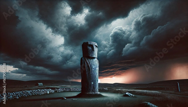 Obraz Ancient Stone Statue Under Dramatic Stormy Sky, 16:9