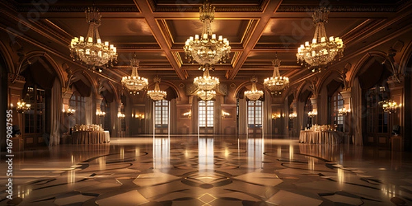 Fototapeta Opulent ballroom with marble floor, golden chandeliers, arched doorways, warm elegant lighting, spacious luxurious ambiance