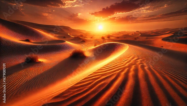 Obraz Empty Desert Sand Path at Sunset with Wind Patterns, 16:9