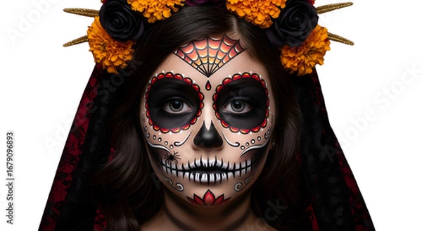 Fototapeta Scary. Young girl like Santa Muerte Saint death or Sugar skull with bright make-up. Portrait isolated on red studio background with copyspace. Celebrating Halloween or Day of the dead.