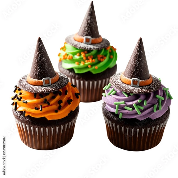 Fototapeta close-up view of delicious homemade halloween cupcakes with witch hats isolated on white