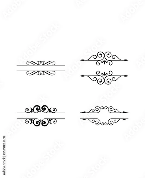 Fototapeta Set of four intricate black calligraphic decorative dividers with ornate central details on an isolated white background, elegant heading accents