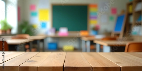 Fototapeta Wooden desk in front, colorful blurred classroom background with education posters, blackboard and shelves.