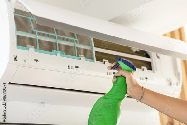 Obraz Woman cleaning a wall-mounted air conditioner filter with spray bottle