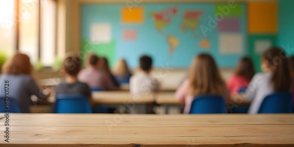 Fototapeta Wooden desk in front, colorful blurred classroom background with education posters, blackboard and shelves.