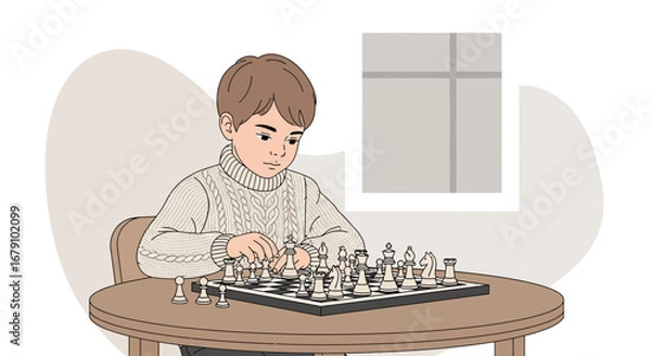 Fototapeta Young Strategist Contemplating His Next Chess Move During A Calm and Engaging Game