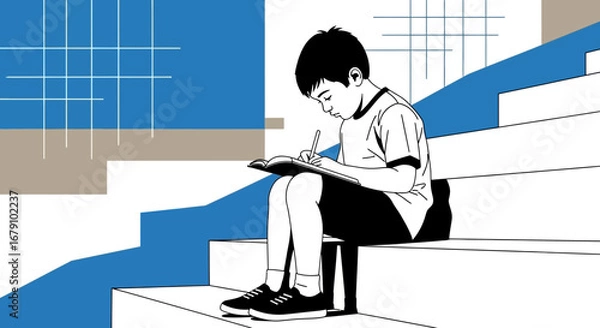 Fototapeta Young Student Concentrates While Sitting On Stairs, Focused On Writing In The Notebook