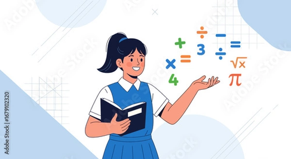 Fototapeta Young Student Demonstrating Mathematical Concepts With Symbols in Illustration