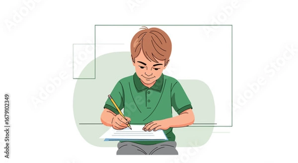 Fototapeta Young Student Diligently Writing With Pen on Paper, Education and Learning Concept