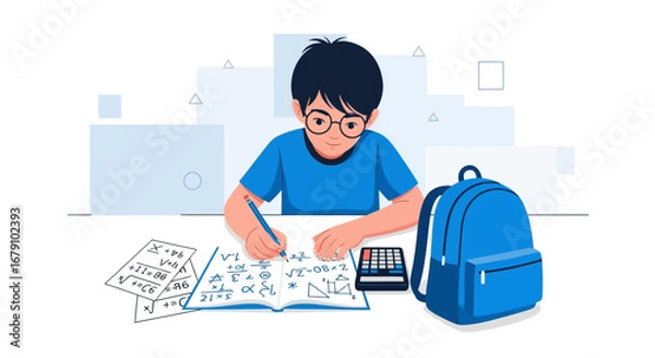 Fototapeta Young Student Engrossed In Mathematical Equations At Study Desk, Studying Mathematics